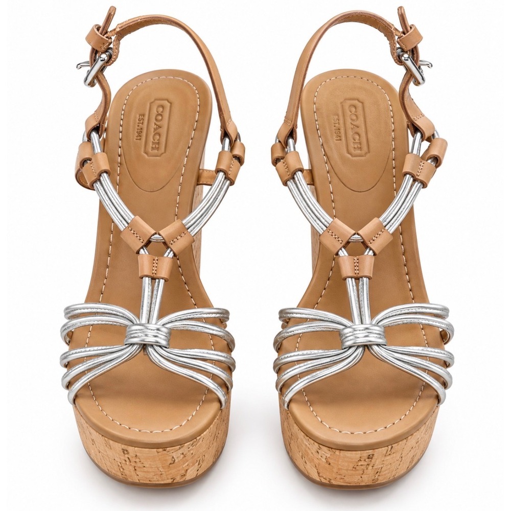 Coach Georgiana Wedge Sandals Tan Leather Silver Metallic Cork Platform 6.5B